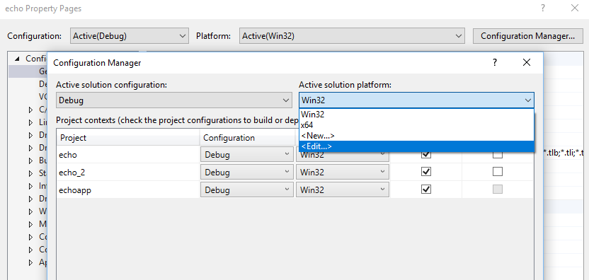 [Active Solution Platform]\(アクティブ ソリューション プラットフォーム\) ドロップダウンで [新規] オプションが強調表示されている [Configuration Manager] ダイアログのスクリーンショット。