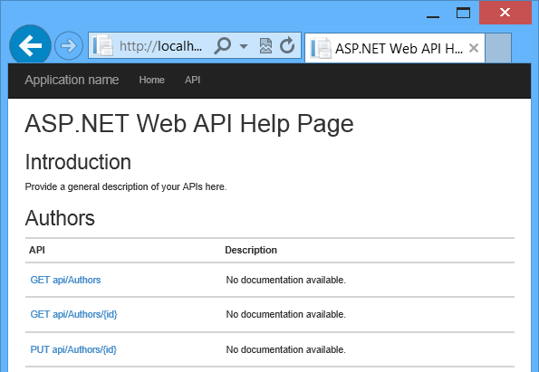 Captura de tela da página de ajuda gerada automaticamente mostrando uma lista de links para documentação para recursos de API.