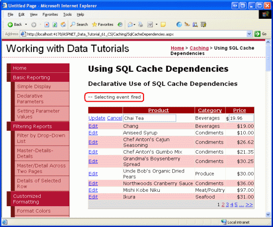 O evento de seleção objectDataSource é acionado sempre que o GridView é paginado, editado ou classificado