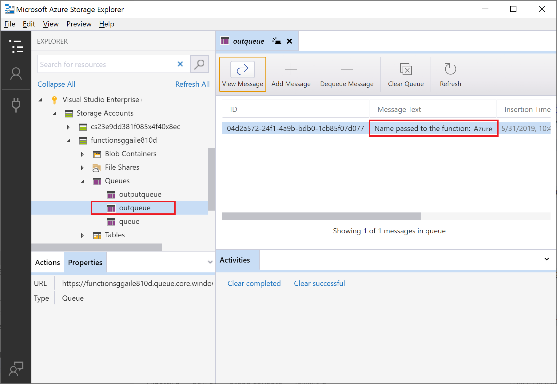 Screenshot da mensagem de fila mostrada em Azure Storage Explorer.