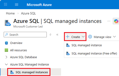 Screenshot da página de instâncias gerenciadas do SQL na página do hub Azure SQL no portal do Azure, mostrando o botão +Criar.