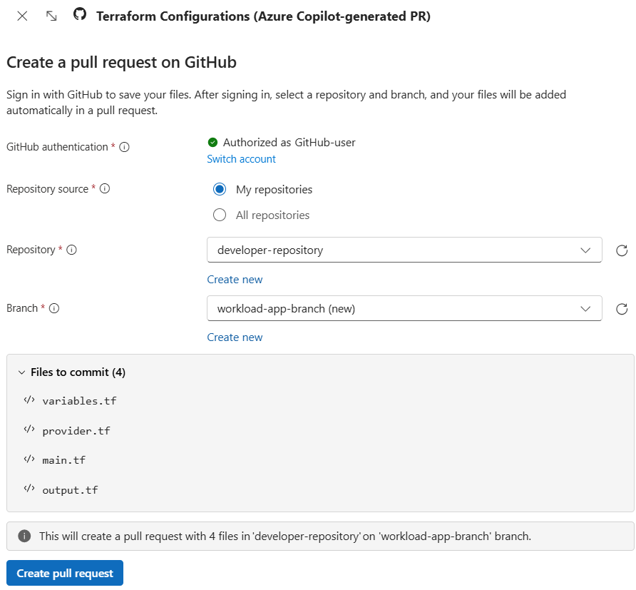 Captura de tela do Azure Copilot criando uma solicitação de pull no GitHub para adicionar arquivos gerados.