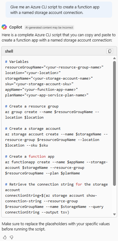 Captura de tela do Azure Copilot fornecendo um script da CLI do Azure para criar um aplicativo de funções com uma conta de armazenamento conectada.