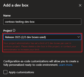 Captura de tela mostrando o portal do desenvolvedor Adicionar novo painel de caixa de desenvolvimento com um projeto selecionado e uma mensagem de erro mostrando novas caixas de desenvolvimento não pode ser criada.