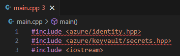 {Captura de tela das declarações de inclusão em C++ no VS Code que possuem sublinhados vermelhos de erro embaixo.}