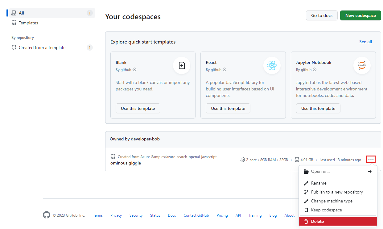 Captura de tela do menu de contexto de um único codespace com a opção Excluir destacada.