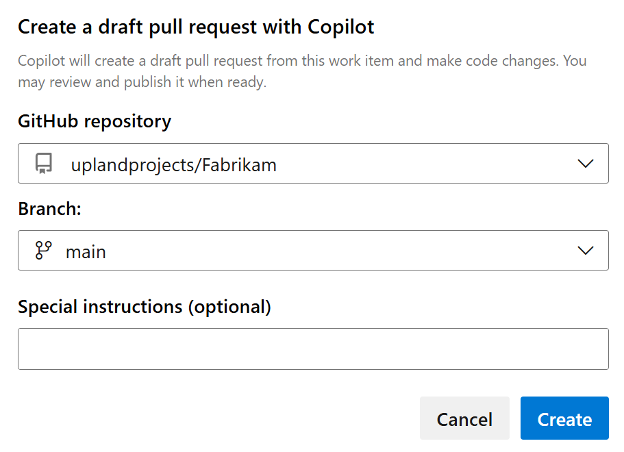 A captura de tela mostra os menus suspensos de repositório e ramificação para criar um rascunho de solicitação de pull com o Copilot.