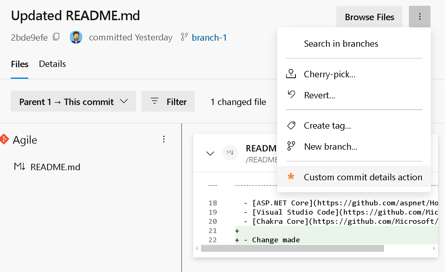 Captura de tela do menu de detalhes de confirmação do Git.