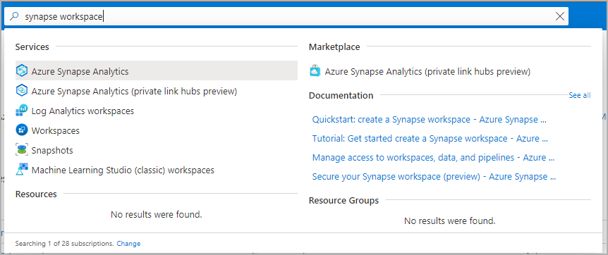 Uma captura de tela da barra de pesquisa do portal do Azure com 