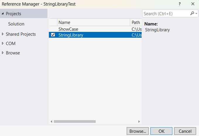 Adicione StringLibrary como uma referência de projeto para StringLibraryTest.
