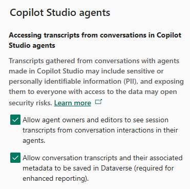 Screenshot da seção de configurações do Copilot Studio para ambientes no Centro de administração do Power Platform.