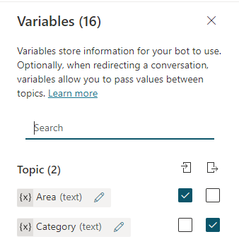 Captura de tela do painel Variáveis com duas variáveis e uma combinação de entrada e saída selecionada.