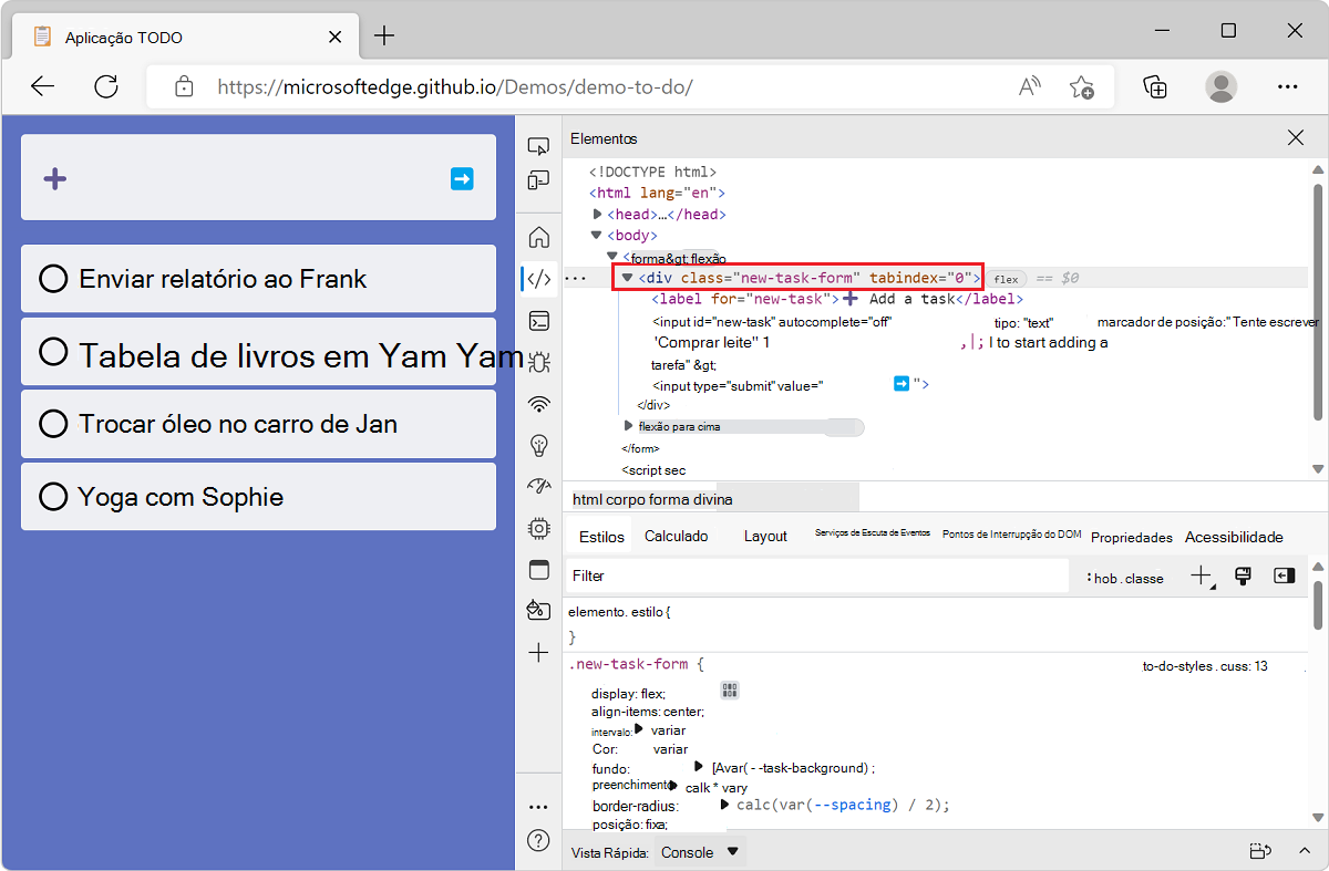 Microsoft Edge, com a aplicação de demonstração LISTA DE TAREFAs e DevTools, a mostrar a ferramenta Elementos, com o nó direito selecionado