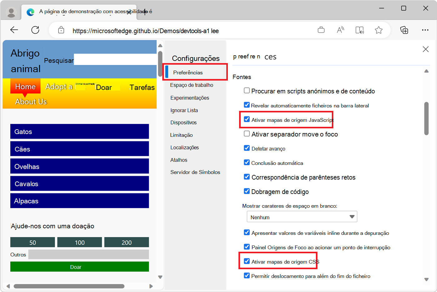 O ecrã de configuração Preferências nas definições de DevTools