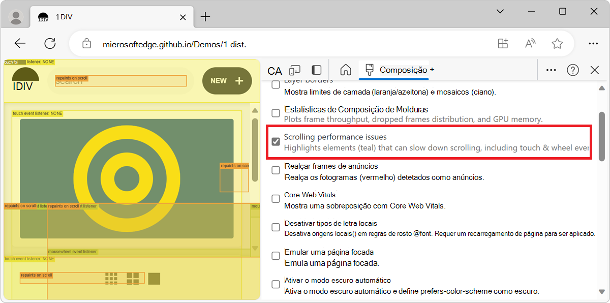 Problemas de Desempenho de Deslocamento indica que objetos não restritos de viewport de camada podem prejudicar o desempenho do deslocamento