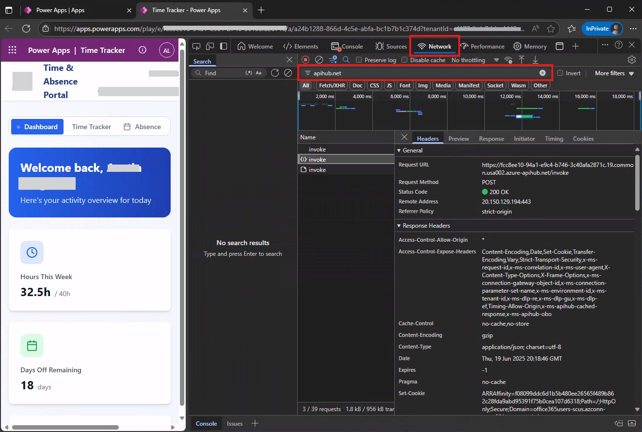 A imagem mostra como usar a cadeia de caracteres apihub.net para filtrar solicitações de conectores usando ferramentas de desenvolvimento com o navegador Edge