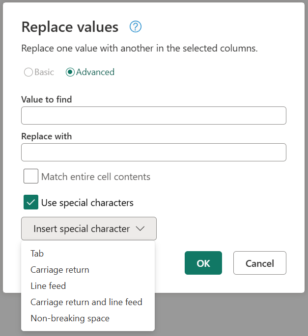 Captura de tela das opções avançadas de substituição de valores com a opção de caracteres especiais selecionada.
