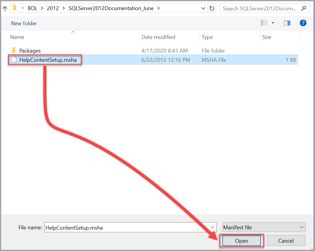 Abra o arquivo de Conteúdo de Ajuda do SQL Server 2012 Setup.msha