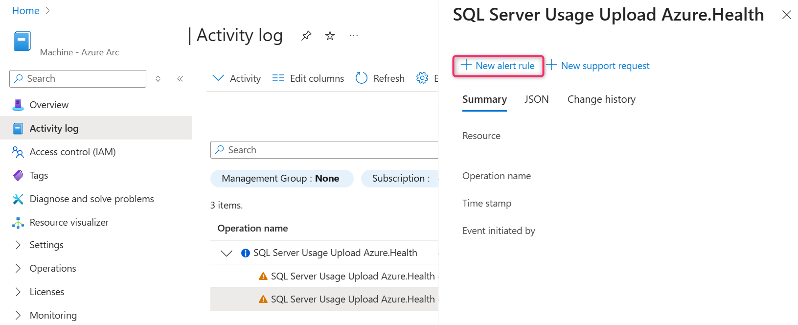 Captura de tela do portal do Azure. Selecione a entrada de log.