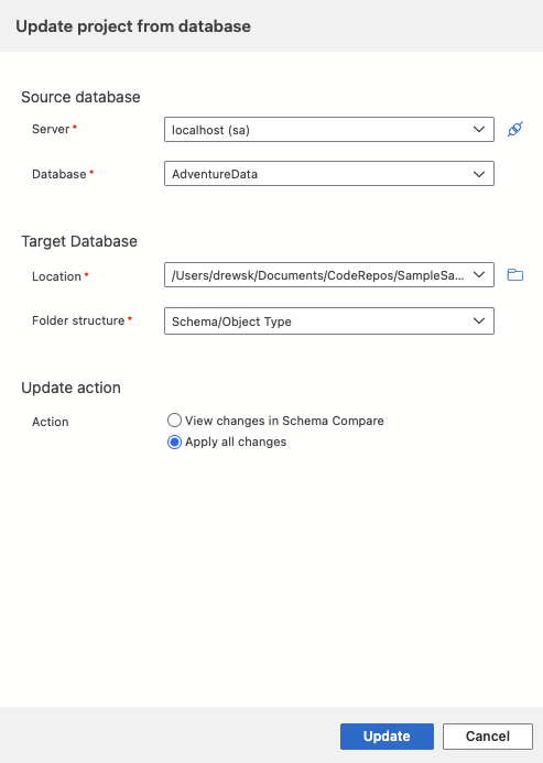 Captura de tela da caixa de diálogo Atualizar Banco de Dados no Visual Studio Code.