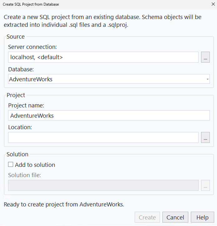 Captura de tela do Novo Projeto SQL na caixa de diálogo Banco de Dados no SQL Server Management Studio.