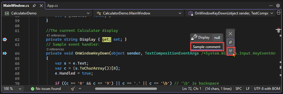 Captura de tela que mostra como adicionar comentários em uma Dica de Dados no Visual Studio.