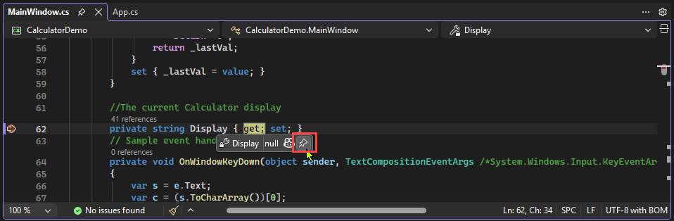 Captura de tela mostrando como fixar uma dica de dados no Visual Studio.