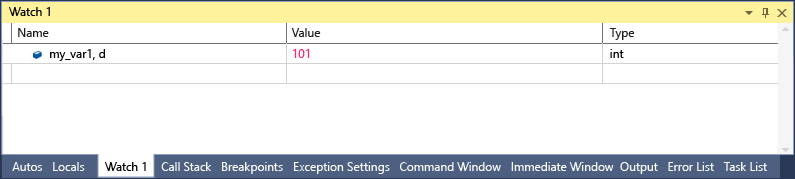 Captura de tela da janela de Inspeção do Visual Studio com uma linha que mostra my_var1, d com um valor de 101 e um tipo de int.
