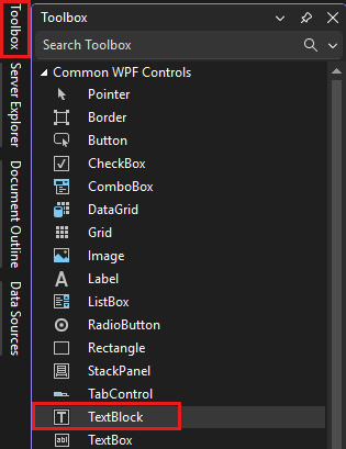 Screenshot mostrando a janela Caixa de Ferramentas com o controle TextBlock realçado na lista de Controles WPF Comuns.