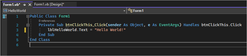 Captura de tela mostra uma classe na guia Form1.vs, na qual você pode adicionar o código do Visual Basic.