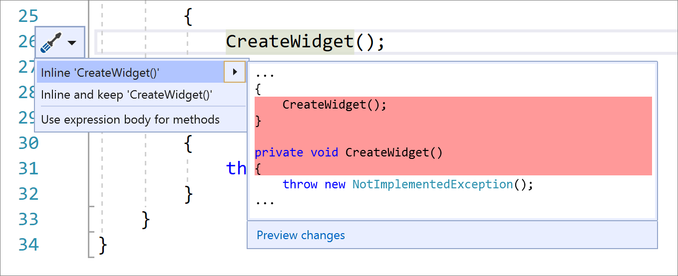 Screenshot do menu Ações Rápidas e Refatorações em Visual Studio com Converter 'CreateWidget()' embutido selecionado e alterações de código em C# mostradas.