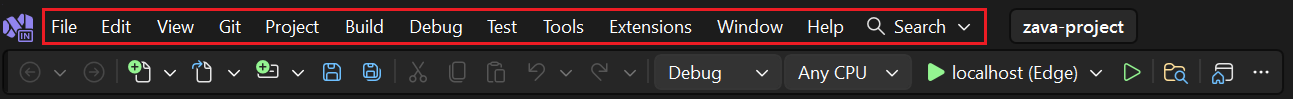 Screenshot da barra de menus em Visual Studio.