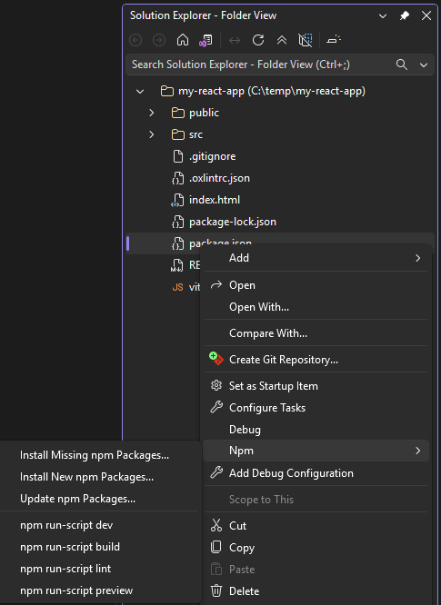 menu do npm no Gerenciador de Soluções