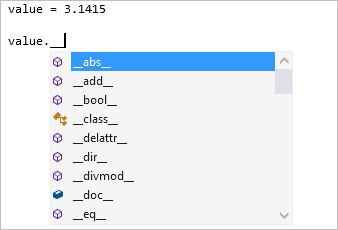Captura de tela que mostra tipos de conclusão de membro dunder privados no editor do Visual Studio.
