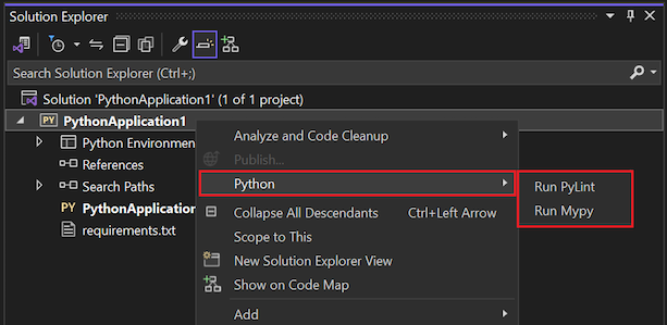 Captura de tela que mostra os comandos de linting disponíveis para projetos do Python no Gerenciador de Soluções.