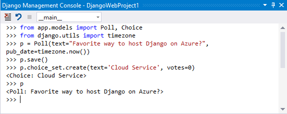 Captura de tela mostrando os resultados do comando Open Django Shell no Visual Studio.
