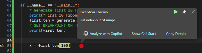 Captura de tela que mostra um popup de exceção para um erro não tratado no depurador do Visual Studio.