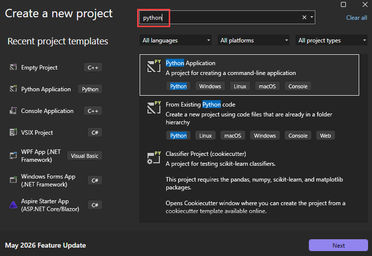 Captura de tela que mostra a nova caixa de diálogo do projeto com modelos do Python disponíveis no Visual Studio.