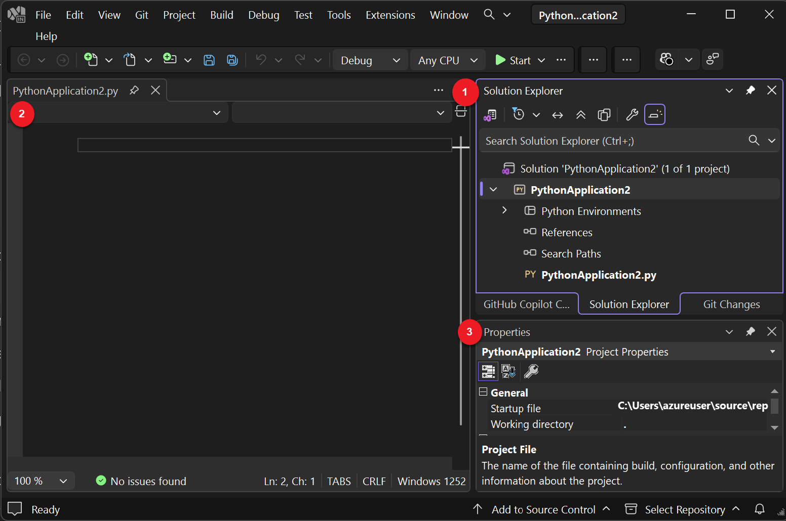 Captura de tela que mostra o novo projeto aberto no Visual Studio.