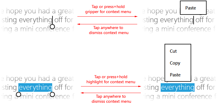 toque (ou pressione e segure) dentro da seleção ou em uma garra para invocar o menu de contexto.