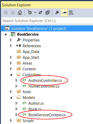 Captura de ecrã da janela do Explorador de Soluções com o ficheiro Authors Controller ponto cs e o ficheiro Book Service Context ponto cs circulado a vermelho.
