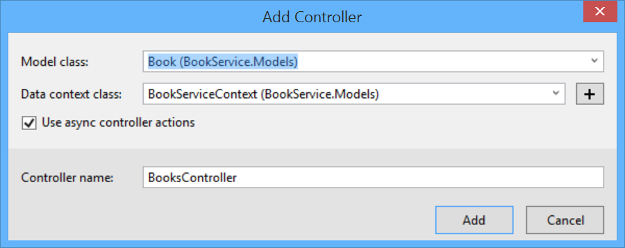 Captura de ecrã da janela Adicionar Controlador com a classe modelo Livro selecionada no menu suspenso da classe Modelo.