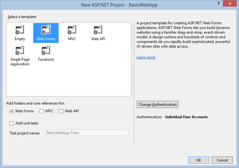 Caixa de diálogo do Projeto Novo ASP.NET