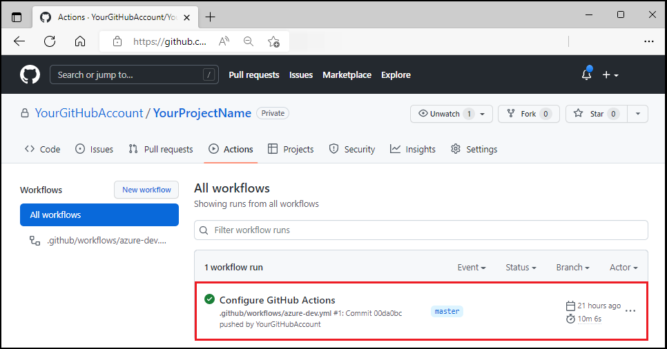 Captura de ecrã do fluxo de trabalho do GitHub em execução.