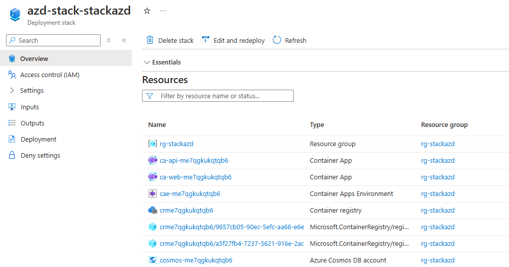 Um screenshot que mostra os detalhes do stack de implementação.