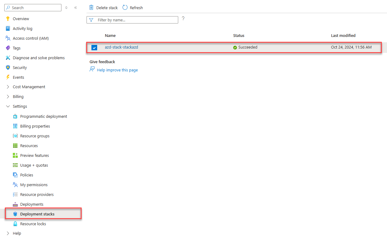 Uma captura de ecrã mostrando uma pilha de implementação a nível de subscrição no portal Azure.