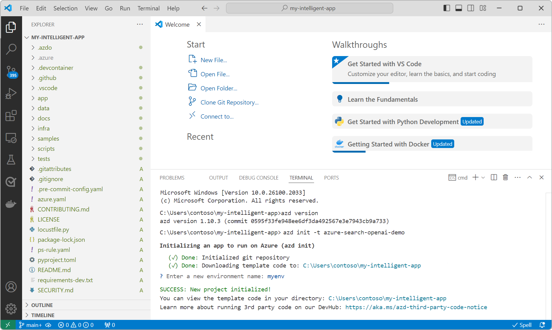 Captura de tela do diretório de projeto my-intelligent-app aberto no modo de exibição Explorer no Visual Studio Code.
