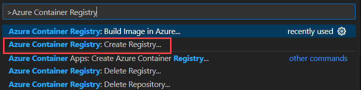 Captura de tela que mostra como procurar a tarefa para criar uma nova instância do Registro de Contêiner do Azure no Visual Studio Code.