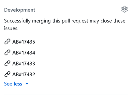 Captura de ecrã dos links AB# na secção de desenvolvimento do GitHub pull request.