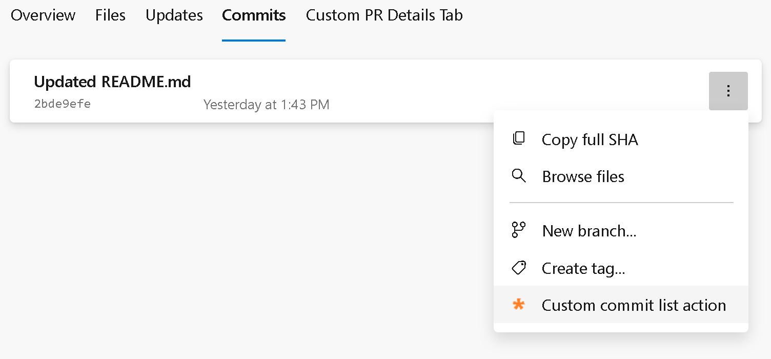 Captura de ecrã do menu da lista de commits do Git.